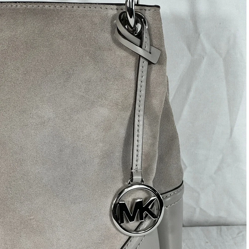 Michael Kors Handbag Gray Taupe Suede Leather Hobo Shoulder‎ Bag Silver MK Logo